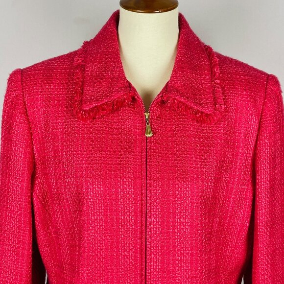 Alfred Dunner Full Zip Tweed Blazer Sz 14 Hot Pink Fringe Preppy Professional - Picture 2 of 6